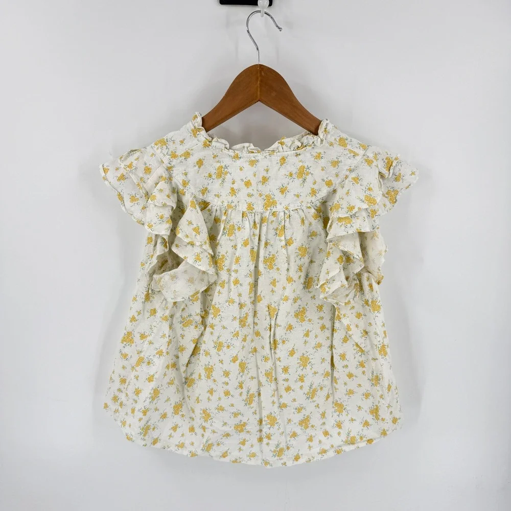 Olivaceous Floral Ruffle Sleeve Top Yellow Medium Hemp Cotton Sustainable